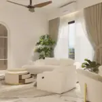 Cream curved seating and a dining arch — living room design, view 3