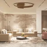Warm wood tones and a mural wall — living room design, view 2