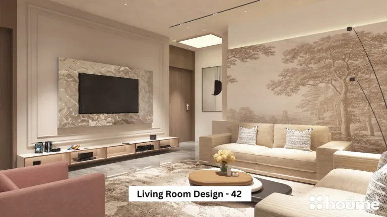 Warm wood tones and a mural wall — living room design, view 1