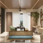 Cream sofa with an arched mural — living room design, view 3