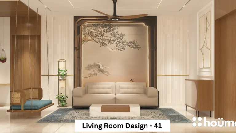 Cream sofa with an arched mural — living room design, view 1
