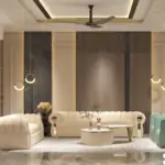 Cream seating and dark vertical panels — living room design, view 2
