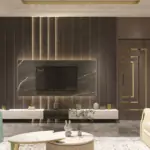 Cream seating and dark vertical panels — living room design, view 3