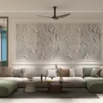 Light neutrals with blue details — living room design, view 2
