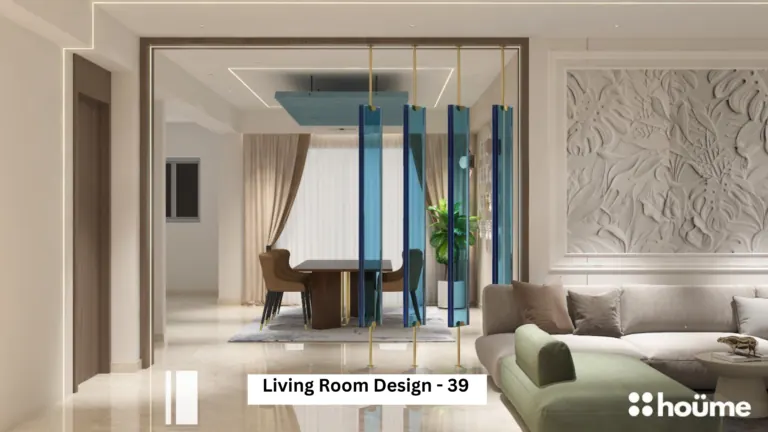 Light neutrals with blue details — living room design, view 1