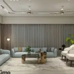 Grey fluted wall and warm storage — living room design, view 2