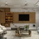 Grey fluted wall and warm storage — living room design, view 3