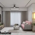 Grey palette with a pink sofa — living room design, view 2