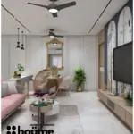 Grey palette with a pink sofa — living room design, view 3
