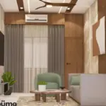 Wood-look wall and pastel seating — living room design, view 2
