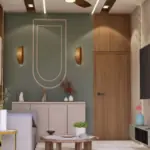 Wood-look wall and pastel seating — living room design, view 3