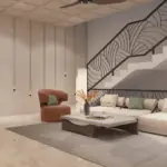 Cream sofa and terracotta chairs — living room design, view 2