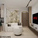 Light seating and a floral feature wall — living room design, view 3