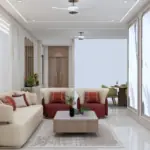 Grey seating with a maroon accent — living room design, view 2