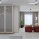 Grey seating with a maroon accent — living room design, view 3