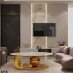 White framed wall and warm seating — living room design, view 2