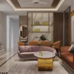 White framed wall and warm seating — living room design, view 3