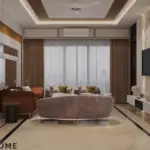 White framed wall and warm seating — living room design, view 4