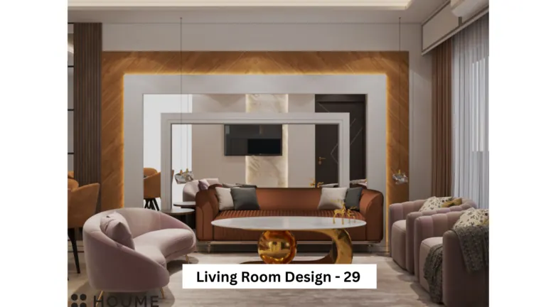 White framed wall and warm seating — living room design, view 1