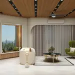 Wood-look ceiling and curved cream seats — living room design, view 2