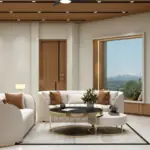 Wood-look ceiling and curved cream seats — living room design, view 3