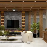 Wood-look ceiling and curved cream seats — living room design, view 4