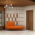 Wood-look ceiling and curved cream seats — living room design, view 5