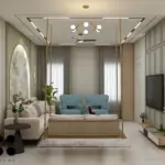 Grey sofa and cool blue chairs — living room design, view 2