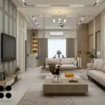 Grey sofa and cool blue chairs — living room design, view 3