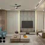 Grey sofa and cool blue chairs — living room design, view 4