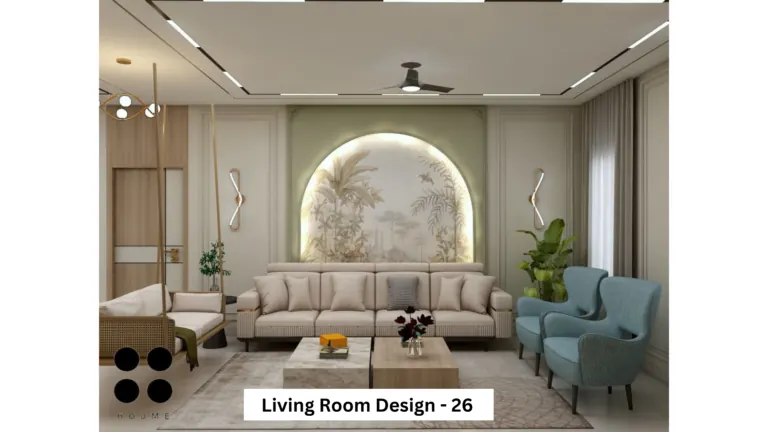 Grey sofa and cool blue chairs — living room design, view 1
