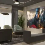 Dark sofa and green chairs — living room design, view 3