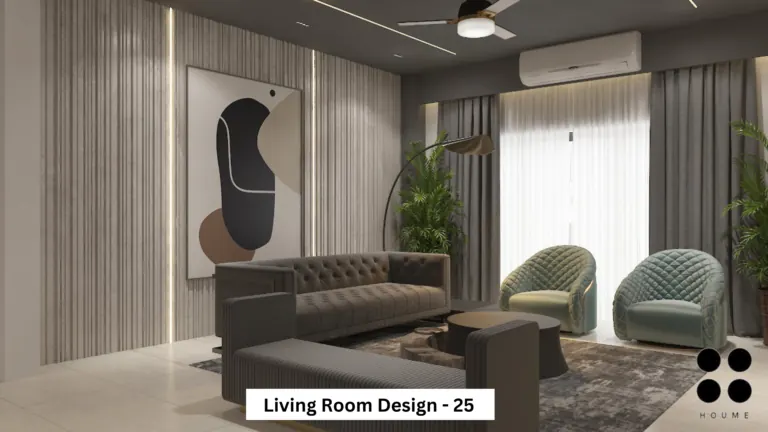 Dark sofa and green chairs — living room design, view 1