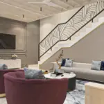 Warm neutrals with burgundy seats — living room design, view 3
