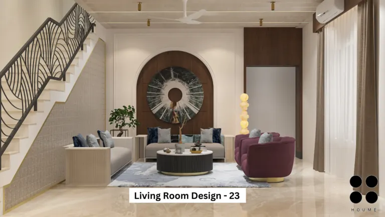 Warm neutrals with burgundy seats — living room design, view 1