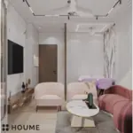 White walls and a pink curved sofa — living room design, view 2