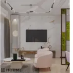 White walls and a pink curved sofa — living room design, view 3