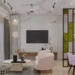 White walls and a pink curved sofa — living room design, view 4