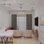 White walls and a pink curved sofa — living room design, view 5