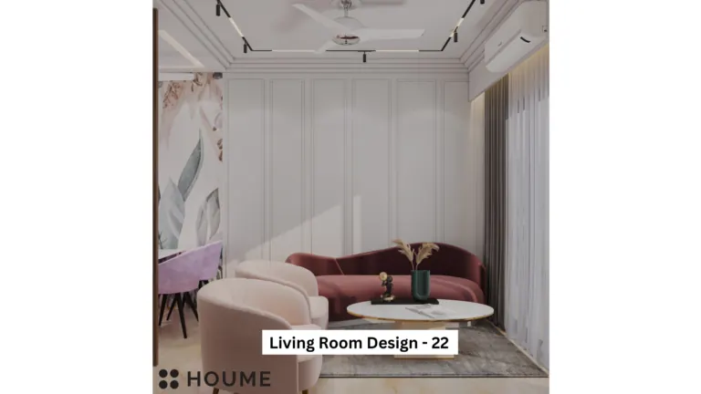White walls and a pink curved sofa — living room design, view 1