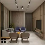 Cream walls with mustard and blue seats — living room design, view 2