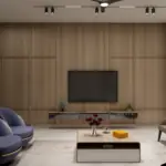 Cream walls with mustard and blue seats — living room design, view 3