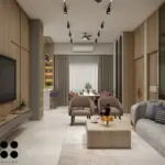Cream walls with mustard and blue seats — living room design, view 4