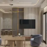 Taupe sofa and bold black wall art — living room design, view 2
