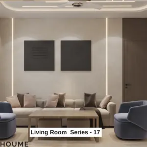 Taupe sofa and bold black wall art — living room design, view 1