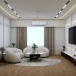 White wall panels and blue-grey seating — living room design, view 2