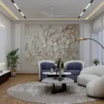 White wall panels and blue-grey seating — living room design, view 3