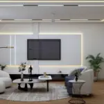 White wall panels and blue-grey seating — living room design, view 4