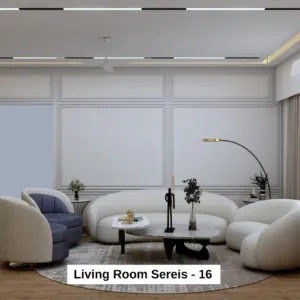 White wall panels and blue-grey seating — living room design, view 1