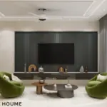 Wood-look details and green seats — living room design, view 2